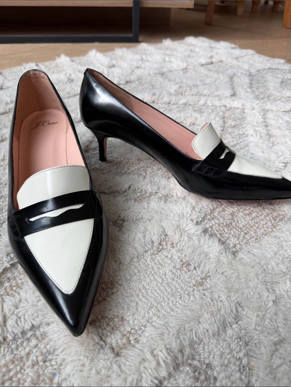 J. Crew Black and White Pointed Kitten Heel Loafer Pumps